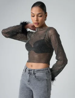 Hot Feather Cuff Detail Diamante Mesh Cropped Top Tops