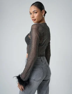 Hot Feather Cuff Detail Diamante Mesh Cropped Top Tops