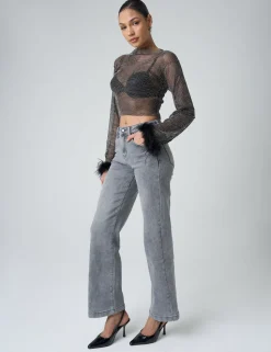 Hot Feather Cuff Detail Diamante Mesh Cropped Top Tops