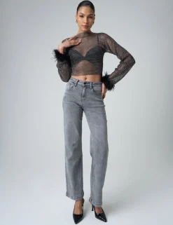 Hot Feather Cuff Detail Diamante Mesh Cropped Top Tops
