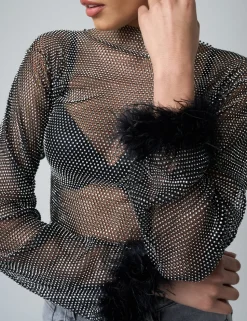 Hot Feather Cuff Detail Diamante Mesh Cropped Top Tops