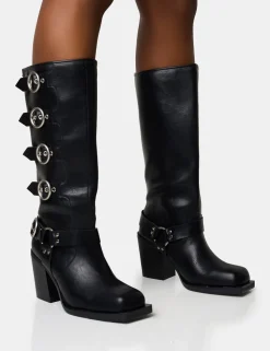 Clearance Fetish Pu Buckle Detail Knee High Boots Heeled Boots