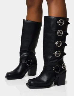 Clearance Fetish Pu Buckle Detail Knee High Boots Heeled Boots