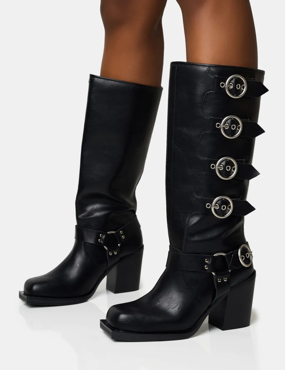 Clearance Fetish Pu Buckle Detail Knee High Boots Heeled Boots