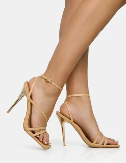 Sale Fillipa Nude Pu Strappy Square Toe Metal Stiletto Heels Barely There Heels | Square Toe Heels
