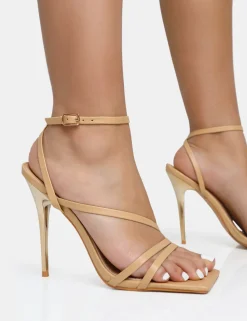 Sale Fillipa Nude Pu Strappy Square Toe Metal Stiletto Heels Barely There Heels | Square Toe Heels