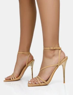Sale Fillipa Nude Pu Strappy Square Toe Metal Stiletto Heels Barely There Heels | Square Toe Heels