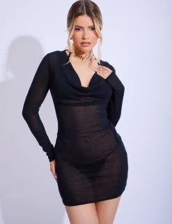Hot Fine Knit Draped Cowl Neck Long Sleeve Mini Dress Dresses