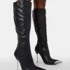 Hot Finery Pu Metal Toe Capped Zip Up Knee High Stiletto Boots High Heels | Heeled Boots