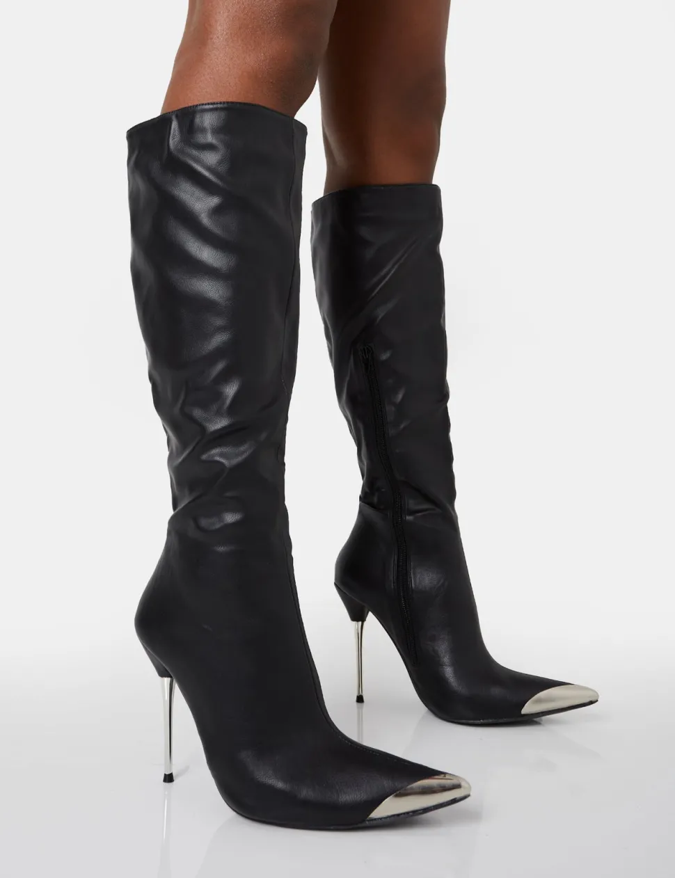 Hot Finery Pu Metal Toe Capped Zip Up Knee High Stiletto Boots High Heels | Heeled Boots