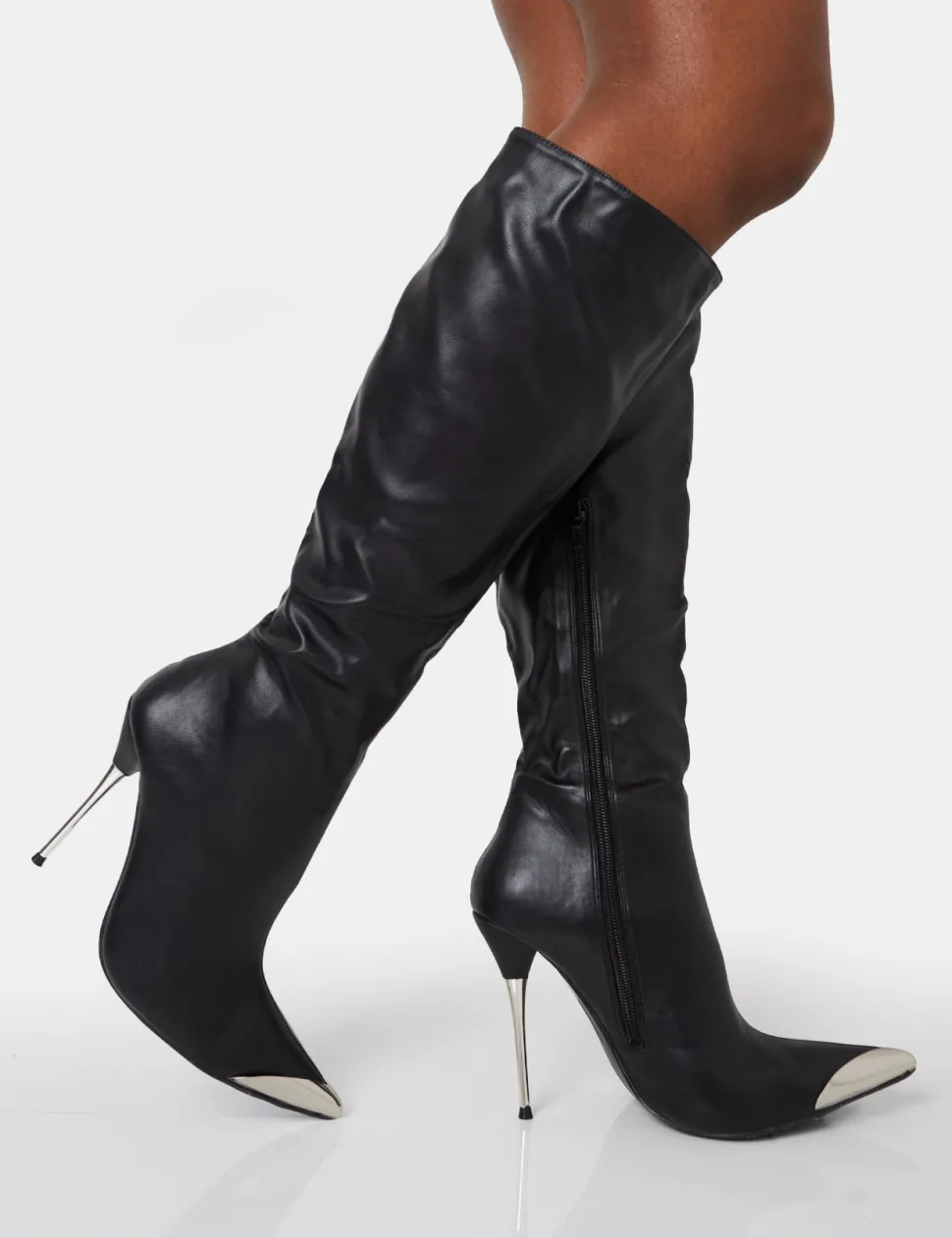 Hot Finery Pu Metal Toe Capped Zip Up Knee High Stiletto Boots High Heels | Heeled Boots