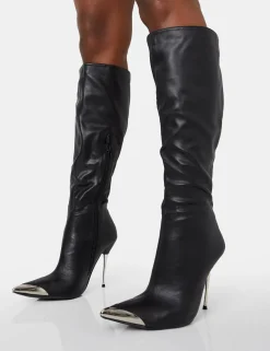 Hot Finery Pu Metal Toe Capped Zip Up Knee High Stiletto Boots High Heels | Heeled Boots