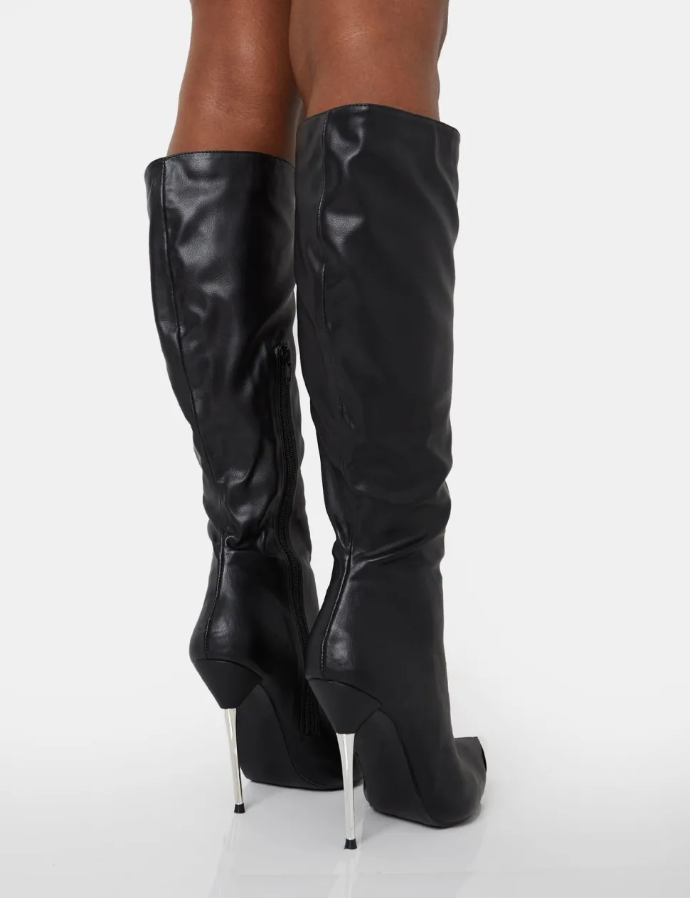 Hot Finery Pu Metal Toe Capped Zip Up Knee High Stiletto Boots High Heels | Heeled Boots
