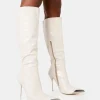 Fashion Finery Ecru Croc Metal Toe Capped Zip Up Knee High Stiletto Boots High Heels | Heeled Boots
