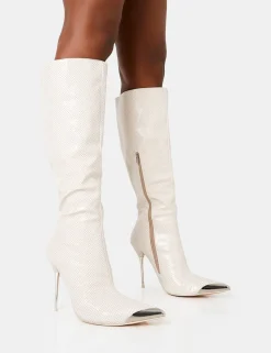 Fashion Finery Ecru Croc Metal Toe Capped Zip Up Knee High Stiletto Boots High Heels | Heeled Boots