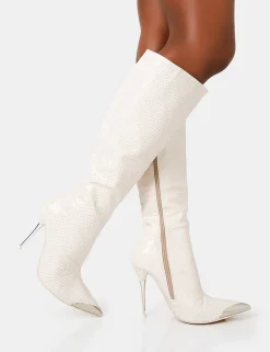 Fashion Finery Ecru Croc Metal Toe Capped Zip Up Knee High Stiletto Boots High Heels | Heeled Boots