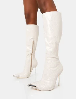 Fashion Finery Ecru Croc Metal Toe Capped Zip Up Knee High Stiletto Boots High Heels | Heeled Boots