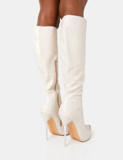 Fashion Finery Ecru Croc Metal Toe Capped Zip Up Knee High Stiletto Boots High Heels | Heeled Boots