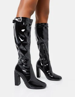 Flash Sale First Class Buckle Strap Detail Knee High Block Heeled Boots Diamante Heels | Block Heels
