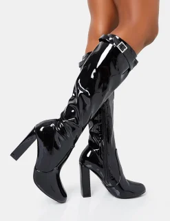 Flash Sale First Class Buckle Strap Detail Knee High Block Heeled Boots Diamante Heels | Block Heels