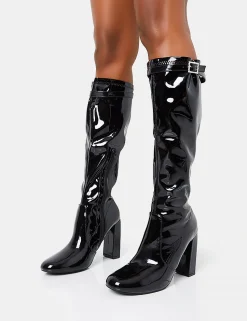 Flash Sale First Class Buckle Strap Detail Knee High Block Heeled Boots Diamante Heels | Block Heels