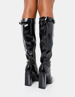 Flash Sale First Class Buckle Strap Detail Knee High Block Heeled Boots Diamante Heels | Block Heels