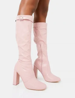 Store First Class Dusty Buckle Strap Knee High Block Heeled Boots Diamante Heels | Block Heels