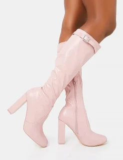 Store First Class Dusty Buckle Strap Knee High Block Heeled Boots Diamante Heels | Block Heels