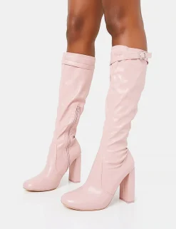 Store First Class Dusty Buckle Strap Knee High Block Heeled Boots Diamante Heels | Block Heels