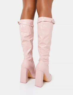 Store First Class Dusty Buckle Strap Knee High Block Heeled Boots Diamante Heels | Block Heels