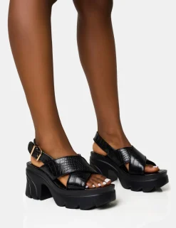 Clearance Flare Cross Strap Chunky Mid Heel Sandals Platform Heels | Mid Heels