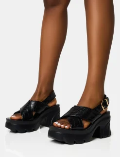Clearance Flare Cross Strap Chunky Mid Heel Sandals Platform Heels | Mid Heels