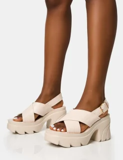 Fashion Flare Cross Strap Chunky Mid Heel Sandals Platform Heels | Mid Heels