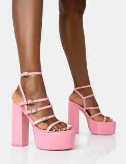 Best Flawless Baby Patent Buckle Strap Round Toe Platform Block Heels Pink Heels | Platform Heels