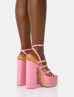 Best Flawless Baby Patent Buckle Strap Round Toe Platform Block Heels Pink Heels | Platform Heels