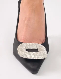 Clearance Floss Satin Diamante Embellished Sling Back Court Heels Court Heels | Diamante Heels