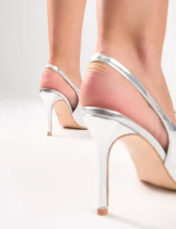 Clearance Floss Mirror Diamante Embellished Sling Back Court Heels Court Heels | Silver Heels