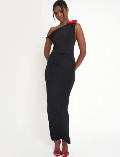 Store Flower Trim Dropped Shoulder Luxe Slinky Maxi Dress Sculpt & Leisure | Kaiia The Label