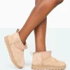 Best Sale Flurry Beige Faux Suede Ultra Mini Ankle Boots Flats | Faux Fur Ankle Boots