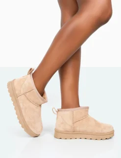 Best Sale Flurry Beige Faux Suede Ultra Mini Ankle Boots Flats | Faux Fur Ankle Boots