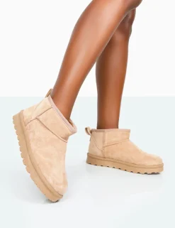 Best Sale Flurry Beige Faux Suede Ultra Mini Ankle Boots Flats | Faux Fur Ankle Boots