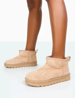 Best Sale Flurry Beige Faux Suede Ultra Mini Ankle Boots Flats | Faux Fur Ankle Boots