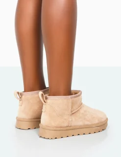 Best Sale Flurry Beige Faux Suede Ultra Mini Ankle Boots Flats | Faux Fur Ankle Boots