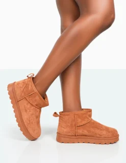 New Flurry Chestnut Faux Suede Ultra Mini Ankle Boots Flats | Faux Fur Ankle Boots