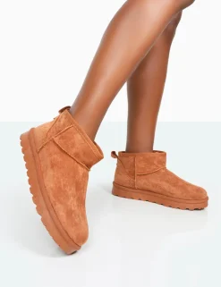 New Flurry Chestnut Faux Suede Ultra Mini Ankle Boots Flats | Faux Fur Ankle Boots