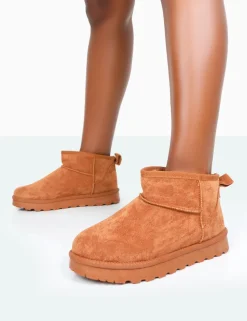 New Flurry Chestnut Faux Suede Ultra Mini Ankle Boots Flats | Faux Fur Ankle Boots