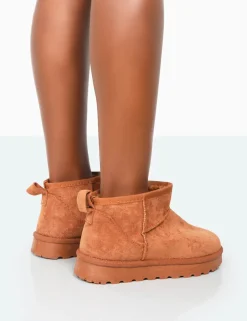 New Flurry Chestnut Faux Suede Ultra Mini Ankle Boots Flats | Faux Fur Ankle Boots