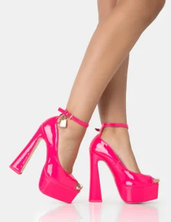 Cheap Formation Hot Patent Padlock Detail Chunky Platform Heels Pink Heels | Square Toe Heels