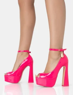 Cheap Formation Hot Patent Padlock Detail Chunky Platform Heels Pink Heels | Square Toe Heels