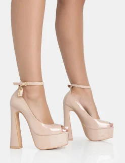 Shop Formation Nude Patent Padlock Detail Chunky Square Platform Heels Square Toe Heels | Block Heels